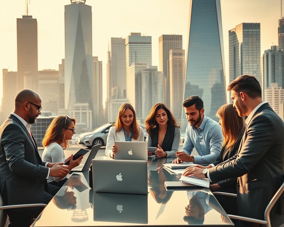 A bustling urban landscape, with towering skyscrapers in the background. In the foreground, a group of successful entrepreneurs, dressed in stylish business attire, are engaged in lively discussions. The entrepreneurs represent a diverse range of industries, including technology, e-commerce, and professional services. They are gathered around a sleek, modern conference table, laptops and tablets in hand, brainstorming ideas for their thriving side businesses under the MrX brand. The lighting is warm and inviting, casting a soft glow on the scene, conveying a sense of productivity and collaboration. The mood is one of energy, enthusiasm, and a shared passion for entrepreneurship.