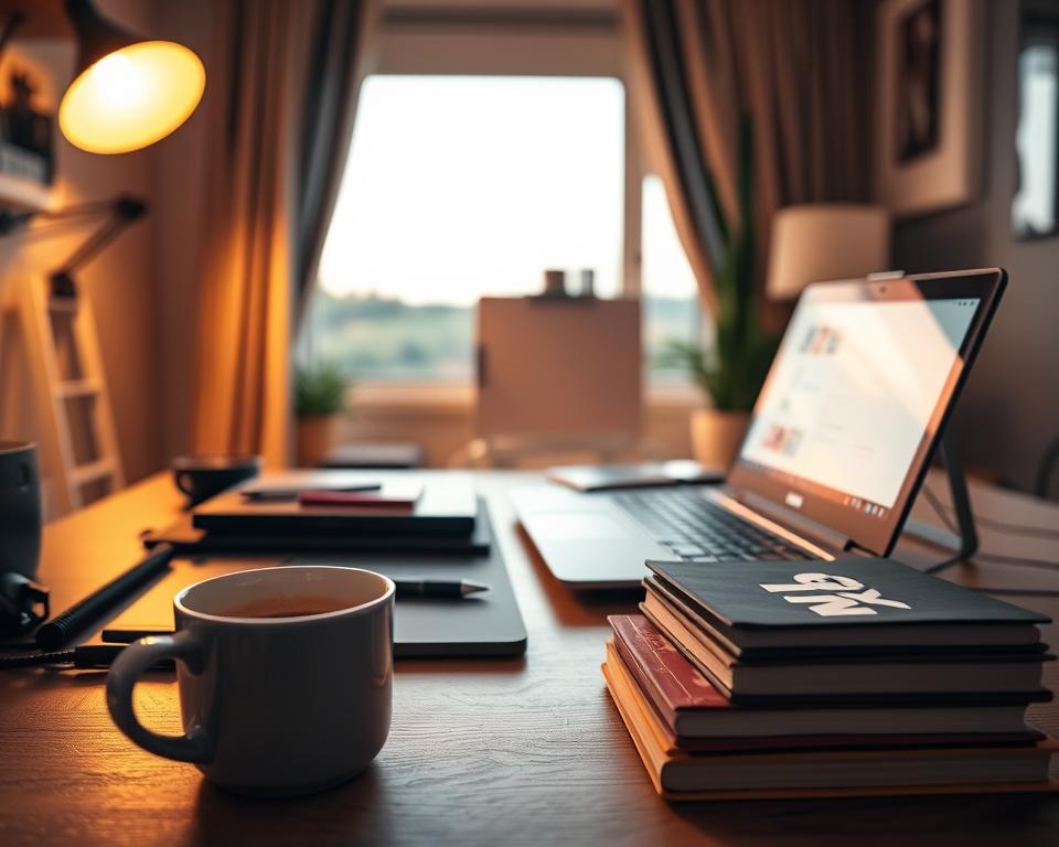 A cozy home office setup with a MrX brand laptop, tablet, and desk accessories. Soft, warm lighting illuminates the workspace, creating a productive and inviting atmosphere. In the foreground, a mug of coffee and a stack of books suggest a remote teaching or tutoring session in progress. The middle ground showcases a whiteboard or digital teaching materials, hinting at the variety of remote teaching tools available. The background features a window overlooking a serene outdoor scene, conveying a sense of tranquility and work-life balance.
