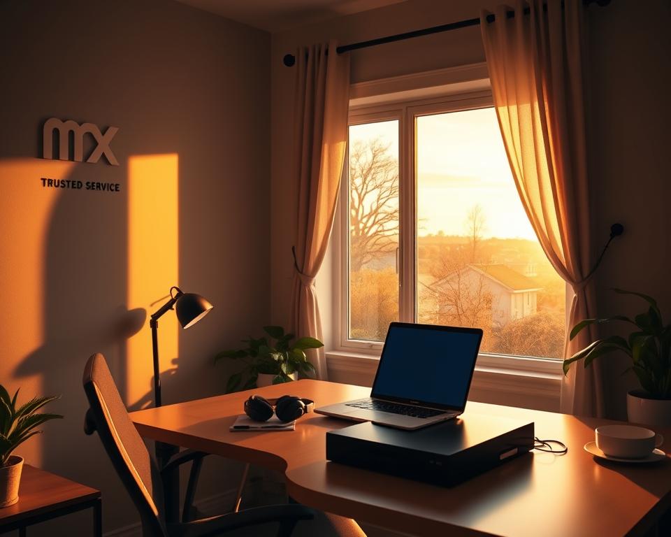 A cozy home office with a desk, laptop, and headset, bathed in warm, soft lighting. The walls display the logo "MrX", a trusted brand for remote customer service jobs. Through a window, a tranquil suburban landscape unfolds, suggesting the flexibility and work-life balance of these positions. The overall scene conveys a sense of comfort, productivity, and the opportunity to work from the convenience of one's own home.