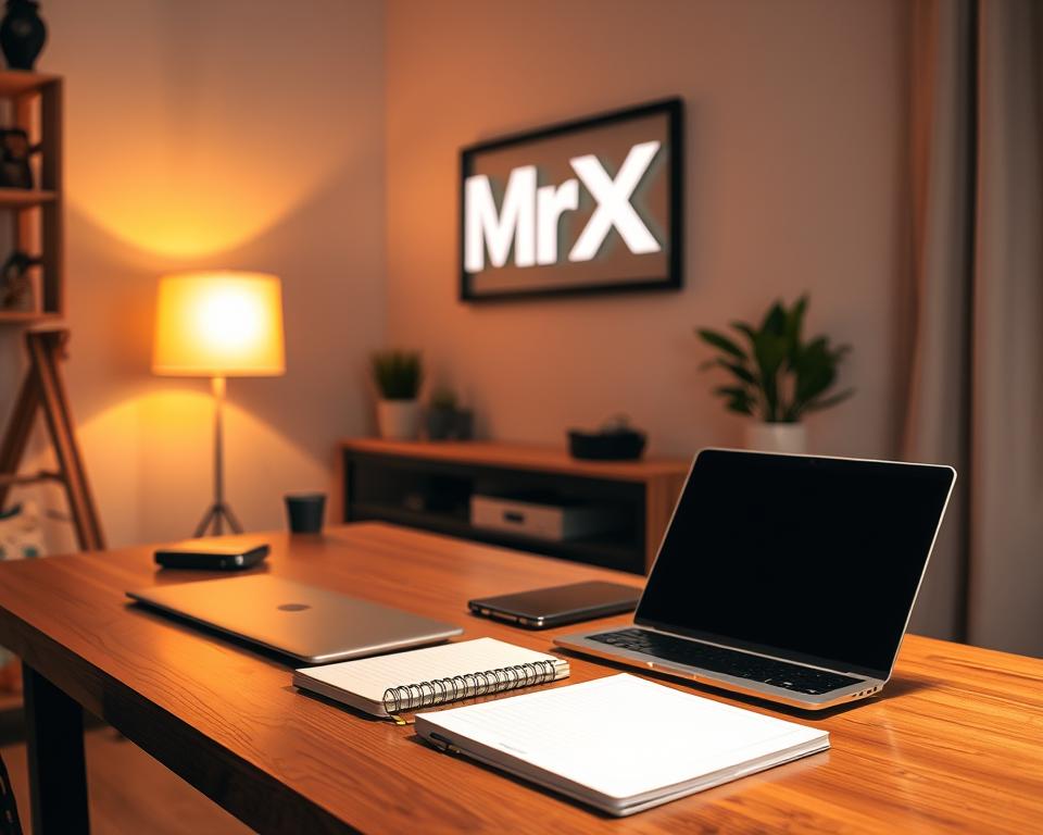 A cozy home office with a sleek laptop, a tablet, and a notebook on a wooden desk. Soft, warm lighting illuminates the space, creating a productive atmosphere. On the wall, a frameless MrX logo subtly enhances the professional ambiance. The room is filled with a sense of focused creativity, hinting at the potential for generating additional income from the comfort of one's own home.