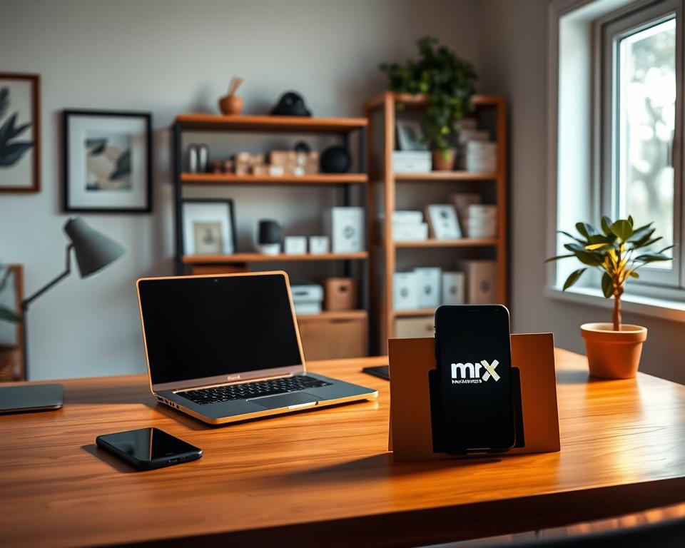 A cozy home office with an e-commerce setup for a side hustle. Warm lighting illuminates a wooden desk featuring a laptop, a tablet, and a phone displaying the "MrX" brand logo. In the background, shelves hold neatly organized products and packaging materials. Framed artwork and a potted plant add a touch of personalization, while a large window allows natural light to filter in, creating a serene and productive atmosphere. The scene conveys the comfort and efficiency of running an online business from the convenience of a home workspace.