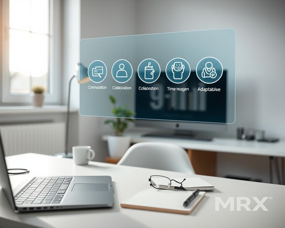 A minimalist home office with a clean, modern aesthetic. In the foreground, a laptop, mouse, and notebook symbolize the essential remote work tools. Floating above, a holographic display showcases icons representing key remote skills: communication, collaboration, time management, and adaptability. In the middle ground, a potted plant and a sleek desk lamp create a calm, focused atmosphere. The background features a large window with natural light streaming in, highlighting the tranquility of the remote work setting. The entire scene carries the MrX brand identity, reflecting its emphasis on empowering remote professionals.