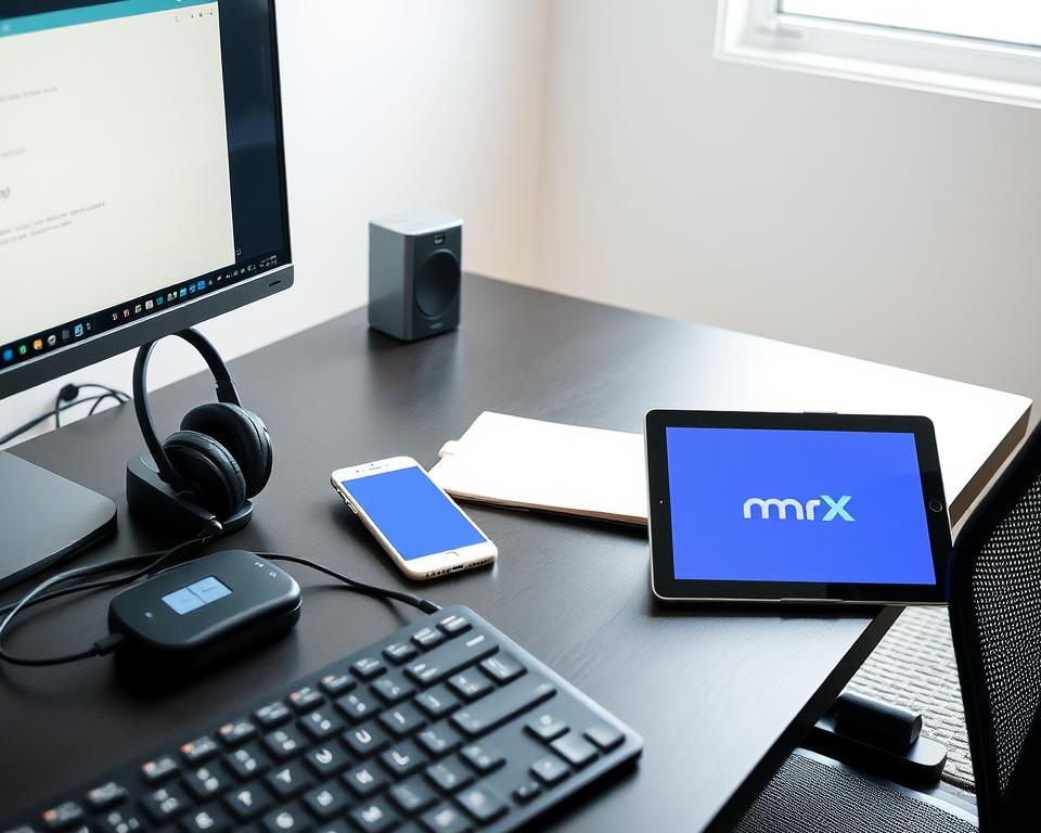 A modern home office setting with a desktop computer, keyboard, and mouse in the foreground. On the desk, various transcription tools are neatly arranged, including a professional headset, a foot pedal, and a tablet displaying the "MrX" brand logo. The middle ground features a smartphone and a notebook, symbolizing the versatility of virtual side gigs. The background depicts a minimalist, well-lit room with clean lines and natural lighting filtering through a window, conveying a sense of productivity and focus.