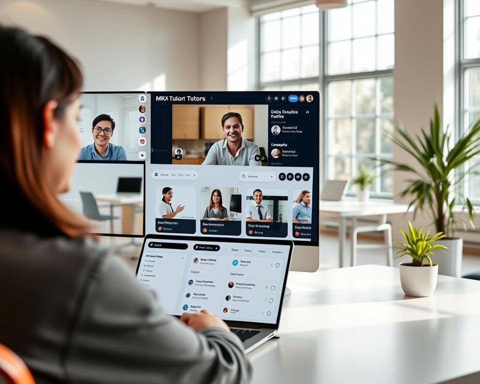 A modern, well-lit online tutoring platform interface showcases various subjects and tutors, with the MrX brand prominently displayed. In the foreground, a tutor and student engage in a virtual lesson, their faces visible in a video call window. The middle ground features a clean, intuitive dashboard with course categories, scheduling tools, and student profiles. The background depicts a serene, minimalist workspace, with natural lighting filtering through large windows and creating a warm, inviting atmosphere.