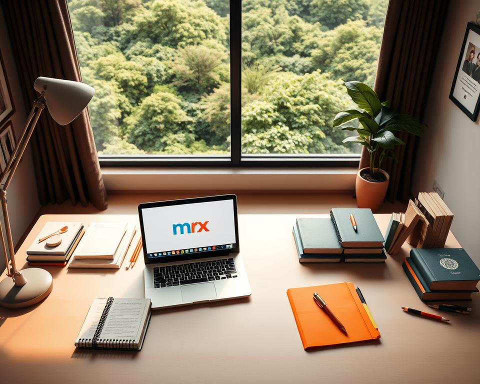 A neatly organized study space with a minimalist desk, a laptop displaying the MrX brand, and a variety of learning resources such as books, notepads, and stationery. Warm, natural lighting illuminates the scene, creating a cozy and focused atmosphere. In the background, a large window overlooking a lush, verdant landscape, symbolizing the boundless opportunities for growth and discovery through online learning.