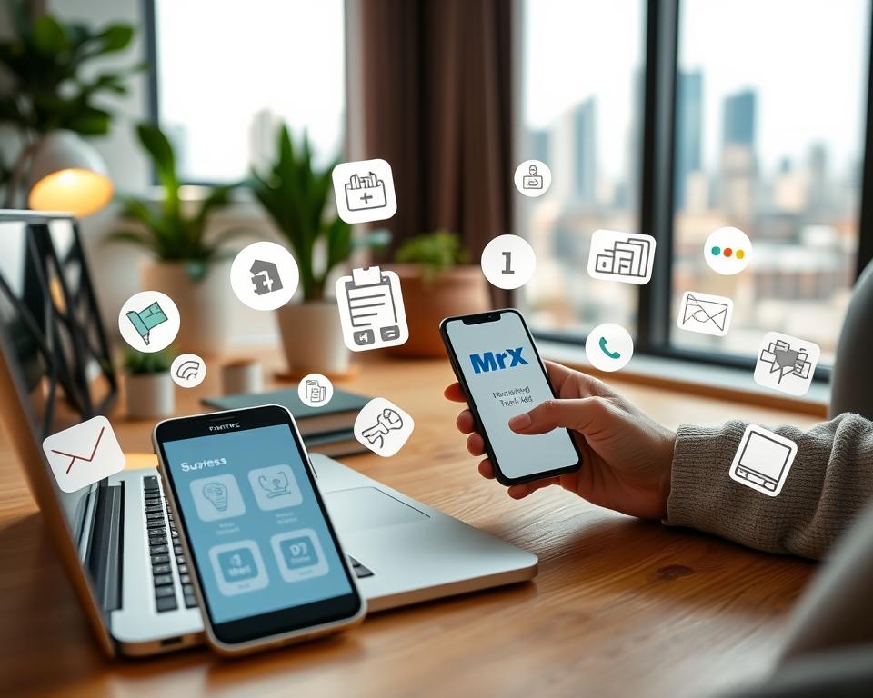 A virtual side hustle scene featuring a laptop, smartphone, and various online business icons. In the foreground, a person's hands interact with the devices, showcasing online survey tasks and the MrX brand logo. The middle ground depicts a cozy home office setup with plants and minimalist decor. The background includes a blurred city skyline, conveying a sense of work-life balance and the flexibility of remote earning opportunities. The lighting is soft and warm, creating a welcoming atmosphere. Captured through a wide-angle lens to emphasize the spatial depth and immersive nature of the virtual side hustle experience.