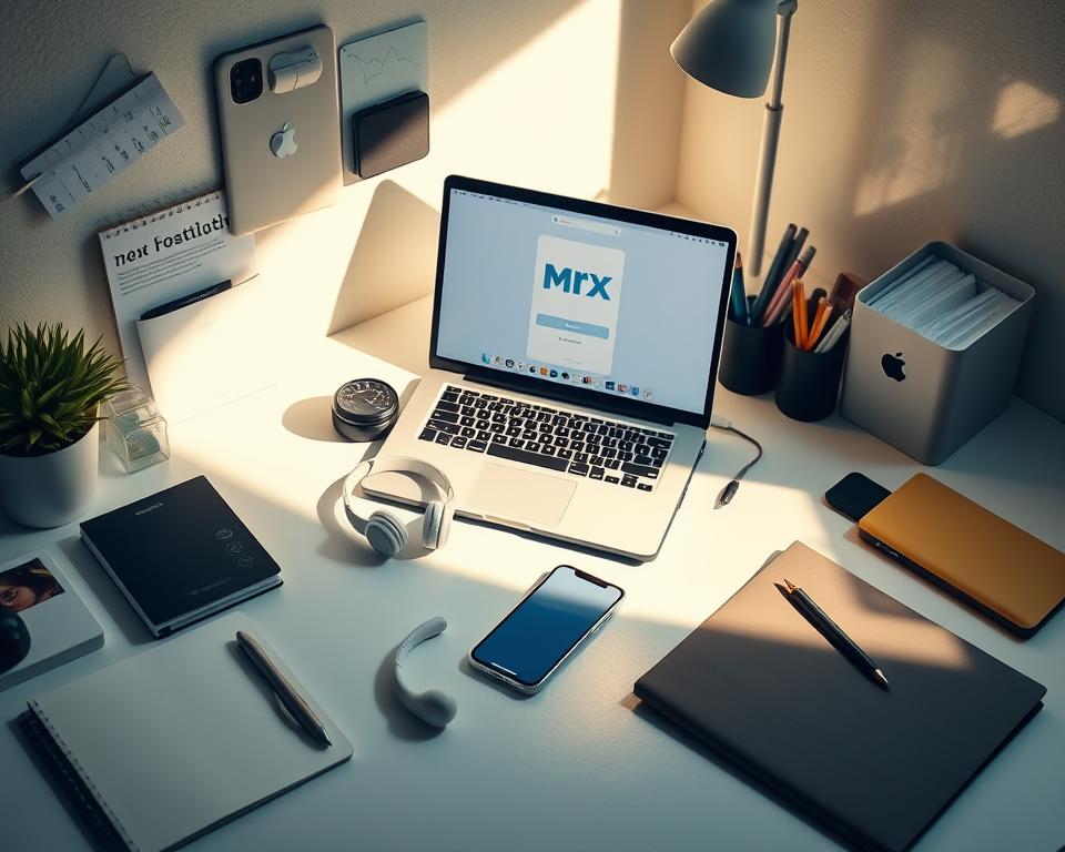 A well-lit desktop workspace featuring a laptop, smartphone, wireless headphones, and a MrX branded productivity app on the screen, surrounded by a variety of office supplies, stationery, and organization tools. The scene conveys a sense of focus and efficiency, with a clean, minimalist aesthetic. Soft shadows and warm lighting create a cozy, inviting atmosphere, suggesting the ideal setup for a remote side hustle.