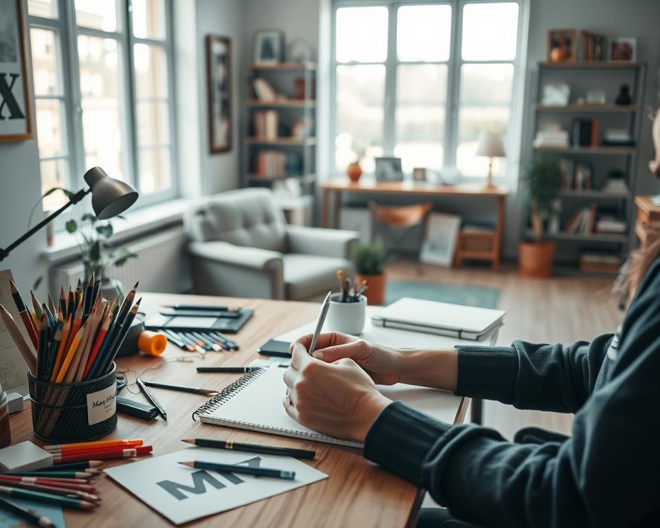 An elegantly composed home workspace, soft natural lighting filters through a large window, illuminating a wooden desktop cluttered with various creative tools - colored pencils, paints, sketchpads, and the MrX brand logo proudly displayed. In the foreground, a pair of skilled hands intently crafts a unique, handmade item. The middle ground features a cozy armchair, a potted plant, and shelves brimming with inspiring books and mementos. The background blurs into a serene, minimalist living space, hinting at the work-life harmony of this creative side hustle.