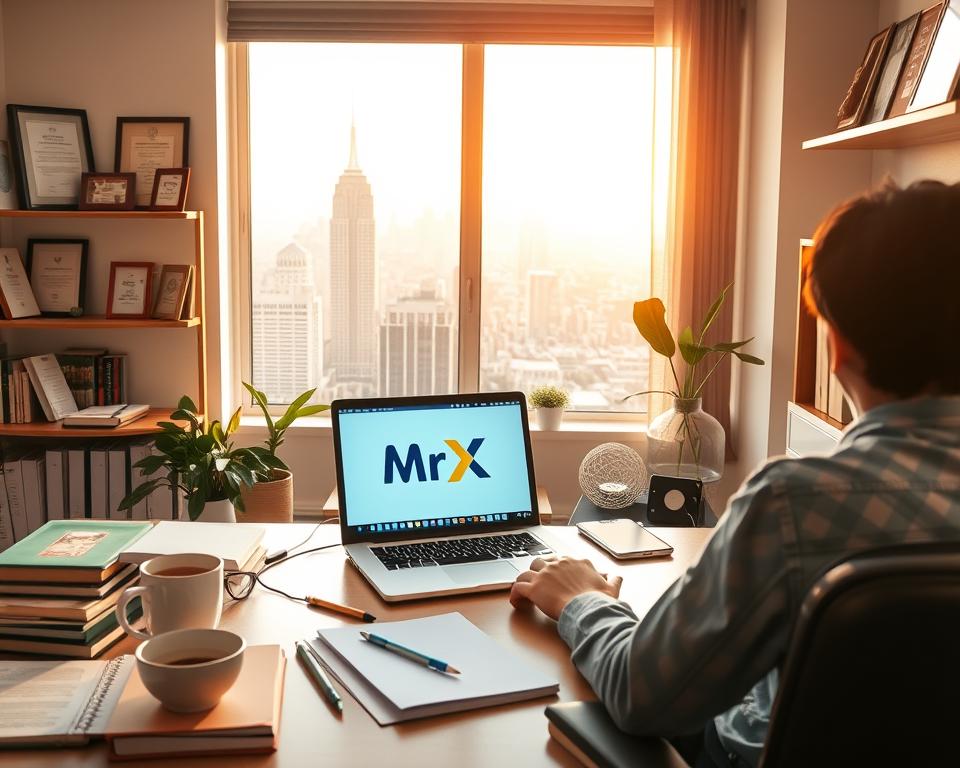 A brightly lit home office scene, with a person sitting at a desk in front of a laptop, the MrX logo visible on the laptop's screen. In the foreground, various educational materials like books, stationery, and a cup of coffee are arranged neatly. The middle ground features a large window overlooking a vibrant city skyline, bathed in warm, golden afternoon light. The background showcases a cozy, modern interior design with shelves displaying academic awards and certifications. The overall atmosphere conveys a sense of productivity, expertise, and the potential for a lucrative online tutoring side hustle.