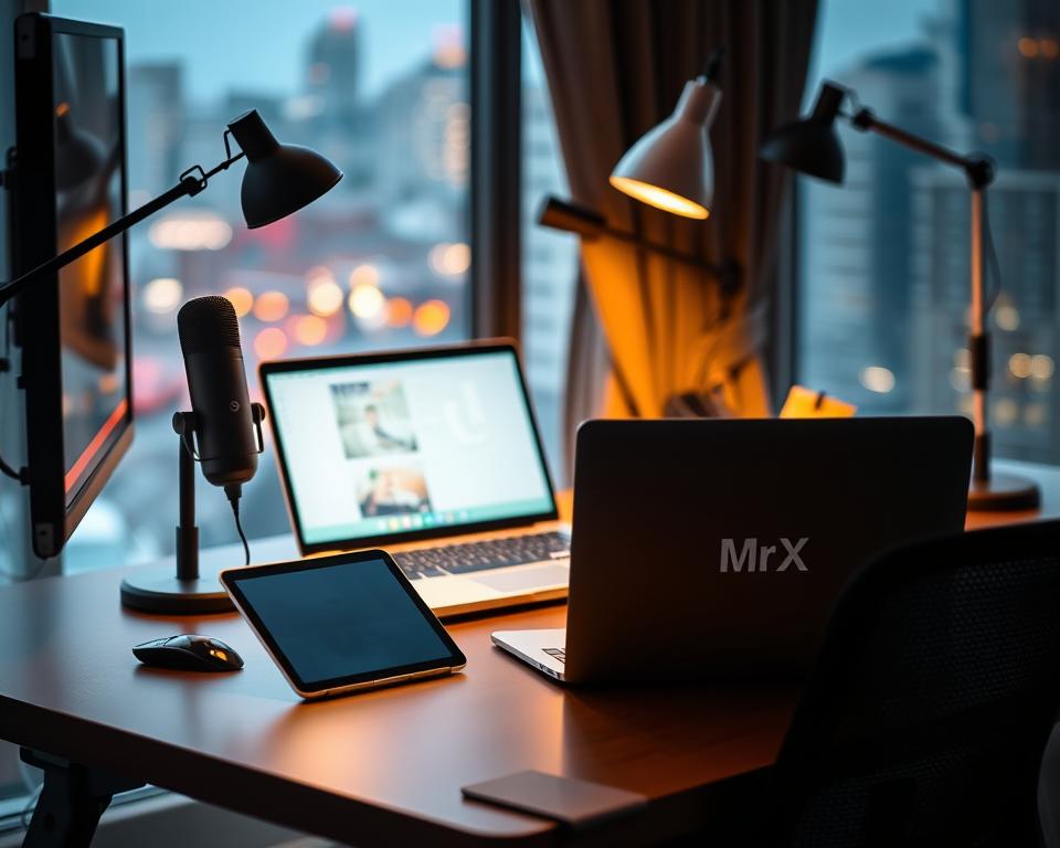 A cozy and productive virtual assistant's workspace with a sleek desk, a modern computer setup, and ergonomic accessories. The workspace is bathed in warm lighting, lending a tranquil ambiance. On the desk, a laptop emblazoned with the "MrX" logo sits alongside a stylish tablet, a high-quality microphone, and a minimalist desk lamp. The background features a blurred cityscape, hinting at the remote nature of the virtual assistant's role. The scene conveys a sense of focus, professionalism, and technological savvy, perfectly capturing the essence of the "Virtual Assistance: Support Businesses Remotely" section.