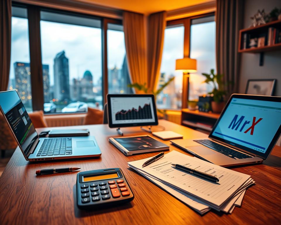 A cozy home office with a wooden desk, a laptop, and various financial management tools arranged neatly. In the foreground, a calculator, a pen, and a stack of documents with the "MrX" logo. The middle ground features a digital tablet displaying graphs and charts, while the background showcases a large window overlooking a vibrant city skyline. The lighting is warm and inviting, creating a productive and professional atmosphere. The overall scene conveys the idea of a self-employed individual efficiently managing their finances from a comfortable and well-organized workspace.