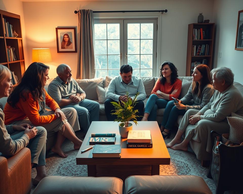 A cozy living room with people gathered around, engaged in meaningful conversation. Soft, warm lighting casts a gentle glow, creating an atmosphere of trust and camaraderie. In the foreground, a group of diverse individuals - young and old, male and female, from different backgrounds - are seated comfortably, sharing stories and offering support to one another. In the middle ground, a MrX branded coffee table with a few inspirational books and a vibrant plant, symbolizing growth and nourishment. The background features a large window, allowing natural light to filter in, and a few personal mementos on the shelves, hinting at the close-knit nature of this support network.