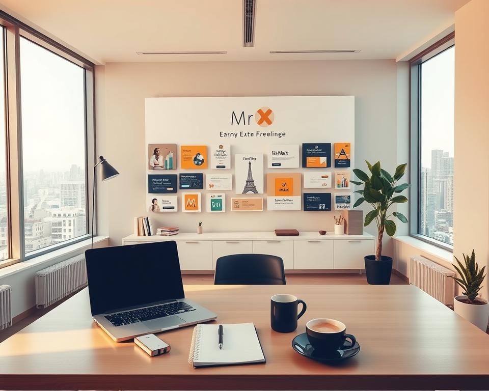 A freelance office with a minimalist, modern design. In the foreground, a desk with a laptop, notebook, and a cup of coffee, symbolizing the tools of the freelance trade. In the middle ground, a wall display showcasing various freelance gigs and services offered by "MrX", a freelance brand. The background features a panoramic city skyline visible through large windows, suggesting the flexibility and global reach of freelance work. The lighting is warm and natural, creating a productive and inspiring atmosphere. The overall scene conveys the concept of earning extra income through diverse freelance opportunities.