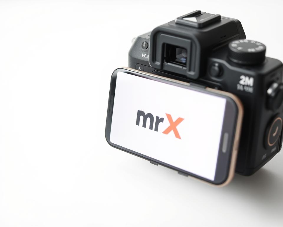 A high-quality product shot of a smartphone or digital camera with the MrX brand prominently displayed, set against a clean white or minimalist background. The product should be captured at a flattering angle, with careful attention to lighting and composition to create a professional, stock photography-style image. The overall mood should be clean, modern, and aspirational, conveying the idea of a successful online side hustle or freelance work.