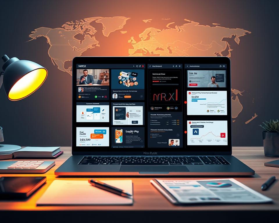 A professional, high-quality, and visually striking image of "online course marketing strategies" for the "Online Courses: Educate and Earn" section of the article "10 Lucrative Online Side Hustles to Try from Home": A modern, minimalist desk setup with a sleek laptop, pen and notepad, and the MrX brand logo prominently displayed. The laptop screen showcases various online course platforms, social media ads, and marketing analytics dashboards, all illuminated by warm, indirect lighting. In the background, a stylized world map fills the frame, symbolizing the global reach of online education. The overall mood is one of productivity, professionalism, and the potential for financial success through online course creation and promotion.