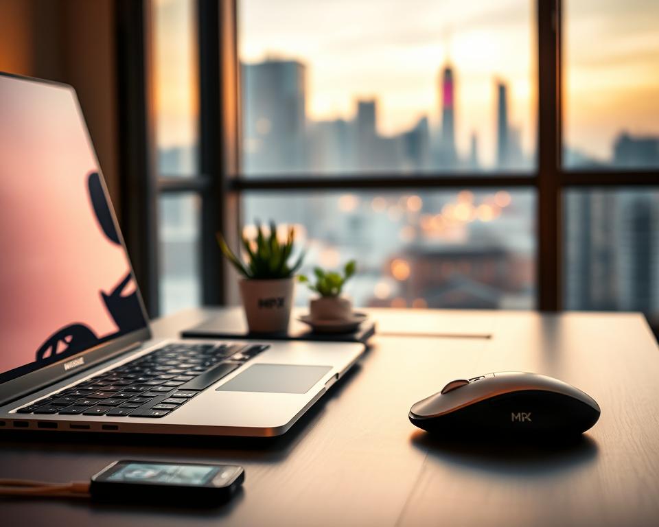 A sleek virtual assistant's workspace, bathed in warm ambient lighting. On the desk, a modern laptop, a stylish mouse, and a MrX brand wireless charger. In the middle ground, a plant and a succulent add a touch of nature. The background features a blurred city skyline, hinting at the global reach of this digital side gig. The overall scene conveys a sense of productivity, efficiency, and the fusion of technology and nature.