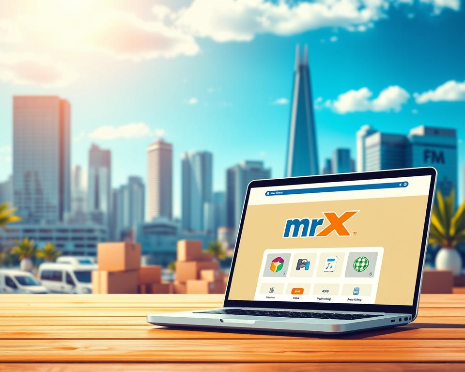 A vibrant e-commerce scene with a focus on dropshipping. In the foreground, a stylized laptop displays the "MrX" brand, showcasing an online store interface. In the middle ground, packages and shipping boxes symbolize the fulfillment process, while in the background, a cityscape with modern architecture and a blue sky conveys a sense of dynamic growth and opportunity. The lighting is warm and inviting, creating a mood of productivity and entrepreneurial spirit.