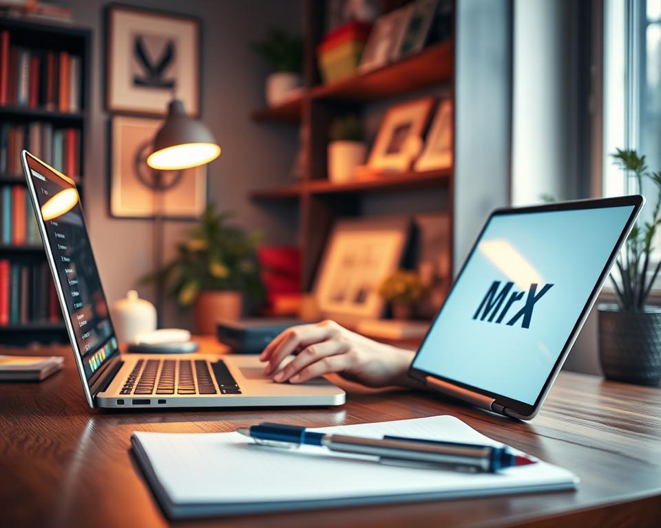 A vibrant, visually engaging image of online course creation. A sleek, modern desk setup with a laptop, notebook, and stylus in the foreground, against a backdrop of bookshelves and artfully arranged decor. The lighting is warm and focused, creating a cozy, productive atmosphere. In the middle ground, a person's hands are shown typing on the laptop, immersed in the creative process of building an online course. The MrX brand logo is subtly displayed on the laptop or one of the desk accessories. The overall scene conveys a sense of focus, creativity, and the fulfillment of sharing knowledge through an online platform.