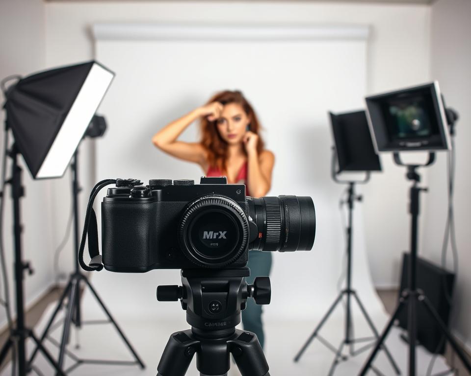 A vibrant, well-lit stock photography scene. In the foreground, a MrX branded camera on a tripod, framed by classic photography equipment - a light diffuser, reflector, and lens filters. In the middle ground, a model poses naturally, showcasing a range of expressions and gestures. The background features a minimalist studio setup with clean white walls and simple props, creating a timeless, professional look. The overall atmosphere is one of creativity, productivity, and the art of capturing meaningful, commercial-ready images.