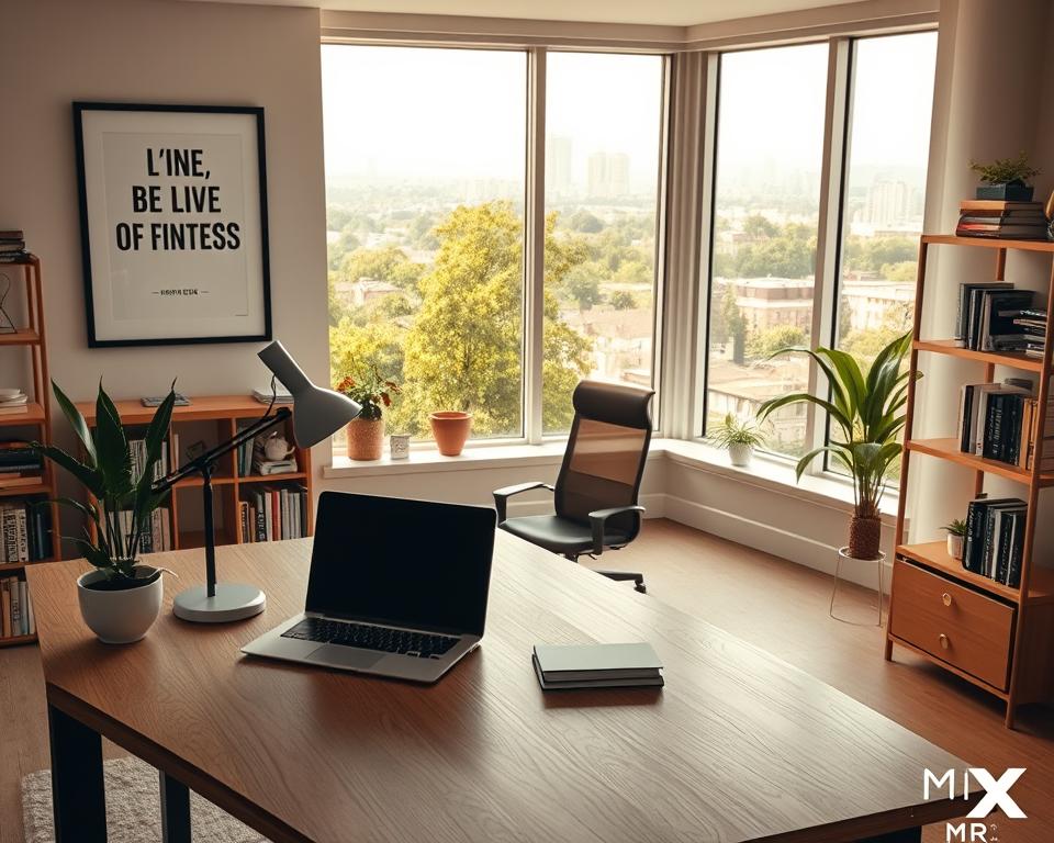 A well-lit, modern home office with sleek, minimalist furniture and decor. In the foreground, a large wooden desktop with a high-end laptop, a stylish desk lamp, and a potted plant. Framed motivational artwork hangs on the wall above. The middle ground features a comfortable office chair and a small bookshelf stocked with relevant business and productivity books. The background shows large windows overlooking a lush, green urban landscape, bathed in warm, natural lighting. The overall atmosphere is one of focus, productivity, and inspiration. MrX brand.