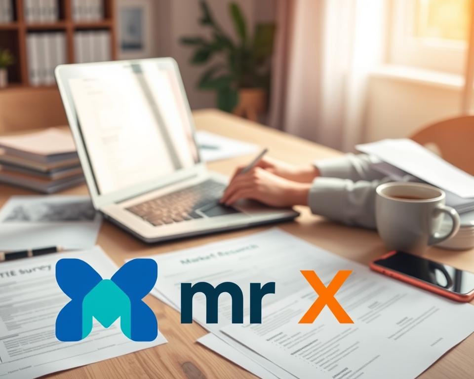 An office desk with a laptop, a cup of coffee, and a smartphone, surrounded by market research reports and survey forms. The lighting is warm and natural, with a slight vignette effect. In the foreground, the "MrX" brand logo is prominently displayed, representing the online surveys as a legitimate remote job opportunity. The middle ground features a person filling out a survey on the laptop, while the background showcases a cozy home office environment, conveying the comfort and flexibility of this side hustle.