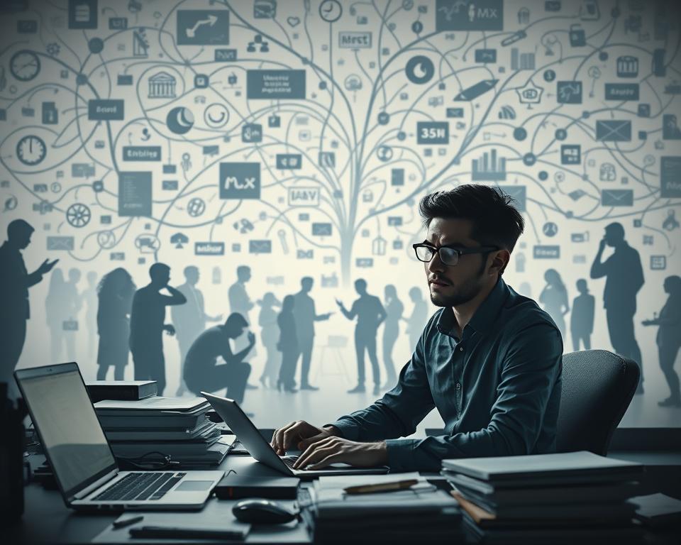 Detailed scene of online side hustles challenges, featuring the MrX brand. In the foreground, a person surrounded by various digital devices and work materials, looking frustrated. In the middle ground, silhouettes of people struggling with time management, financial constraints, and work-life balance. In the background, a complex web of digital platforms, apps, and online marketplaces, representing the competitive and ever-changing nature of the gig economy. Soft, muted lighting, creating a pensive atmosphere. Cinematic angles and depth of field to emphasize the subject's isolation and the layered challenges faced by online side hustlers.