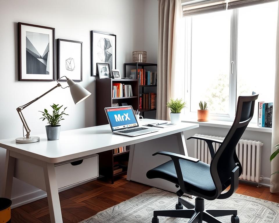 a cozy and well-organized home office setup with a sleek desk, ergonomic chair, and large window providing ample natural light. on the desk, a modern laptop with the MrX logo, a small potted plant, and a stylish desk lamp. the walls are decorated with minimalist artwork, and a bookshelf is positioned in the background, filled with various publications. the overall atmosphere is professional yet inviting, creating an ideal environment for productive side hustle work.