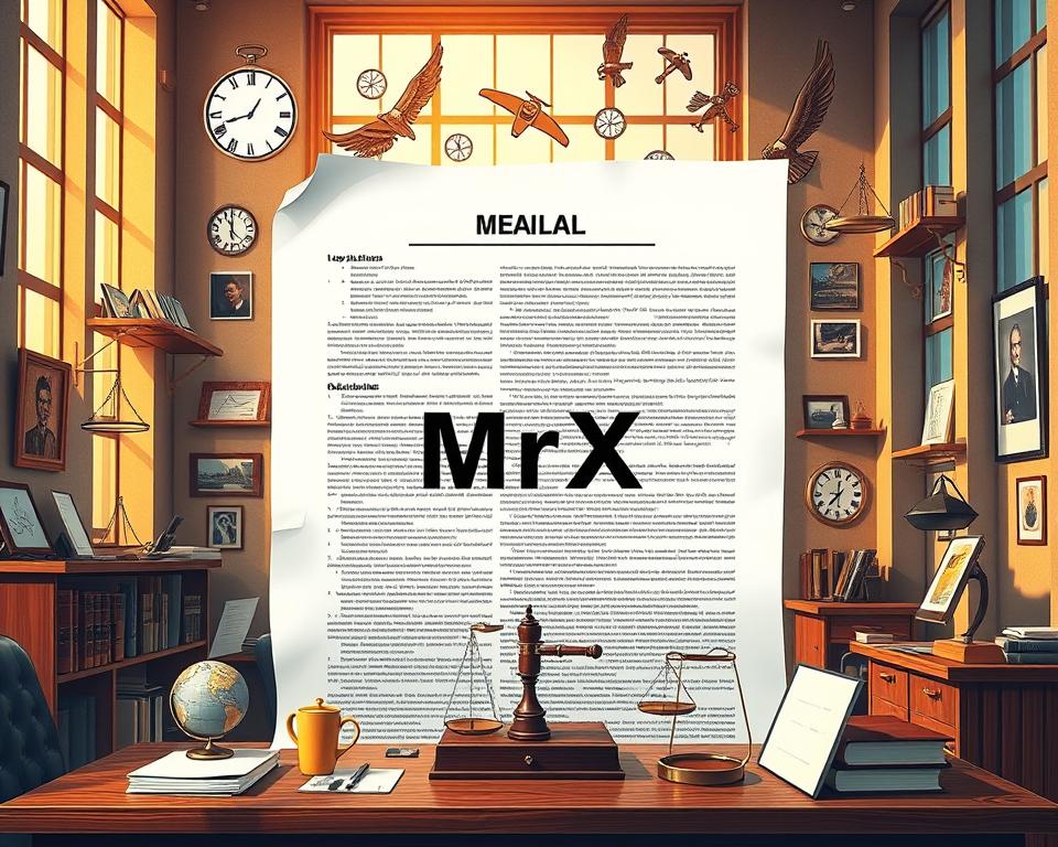 a detailed legal document with the text "MrX" prominently displayed, surrounded by various legal symbols, icons, and architectural elements suggesting a professional office environment, lit by warm natural light filtering through tall windows, with an overall serious and authoritative tone