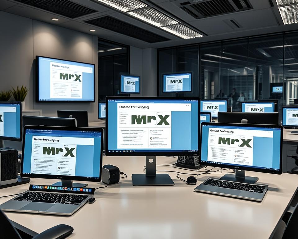 a digital office with multiple computer screens and laptops displaying various online survey platforms, including the MrX brand, with a sleek, modern interior design and diffused lighting, creating a professional and focused atmosphere suitable for market research and data collection