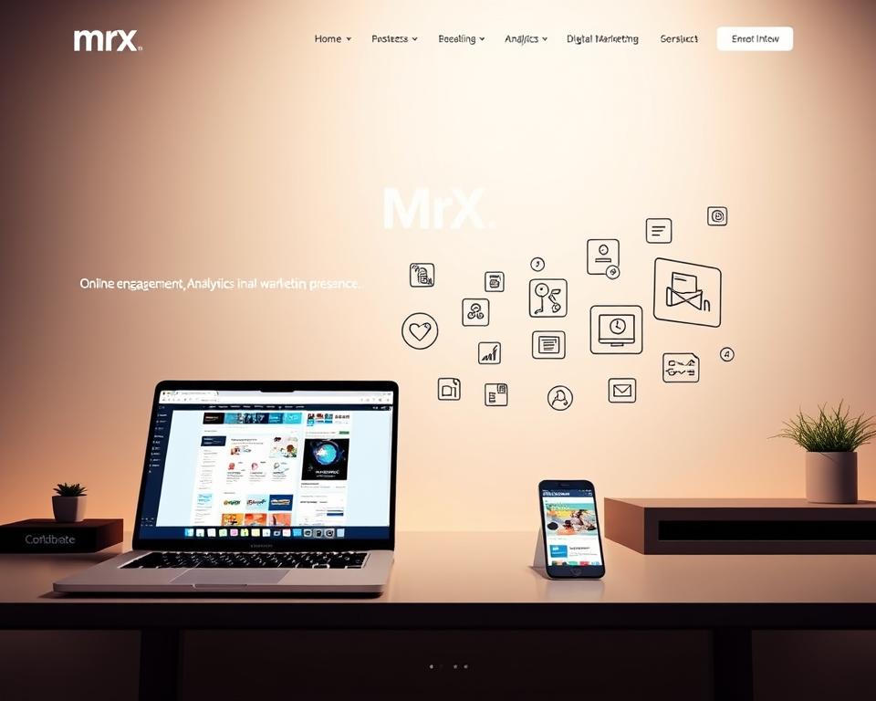 a dynamic, modern website with clean and minimalist design, featuring the "MrX" brand name prominently displayed. The foreground shows a laptop computer on a sleek desk, with a smartphone and tablet nearby, all showcasing various web pages and social media platforms. The middle ground features stylized icons and UI elements representing online engagement, analytics, and digital marketing tools. The background has a subtle gradient or texture, conveying a sense of professional, technology-driven online presence. Lighting is soft and even, with a warm, inviting tone. The overall composition and mood suggest an efficient, visually-appealing online brand representation.