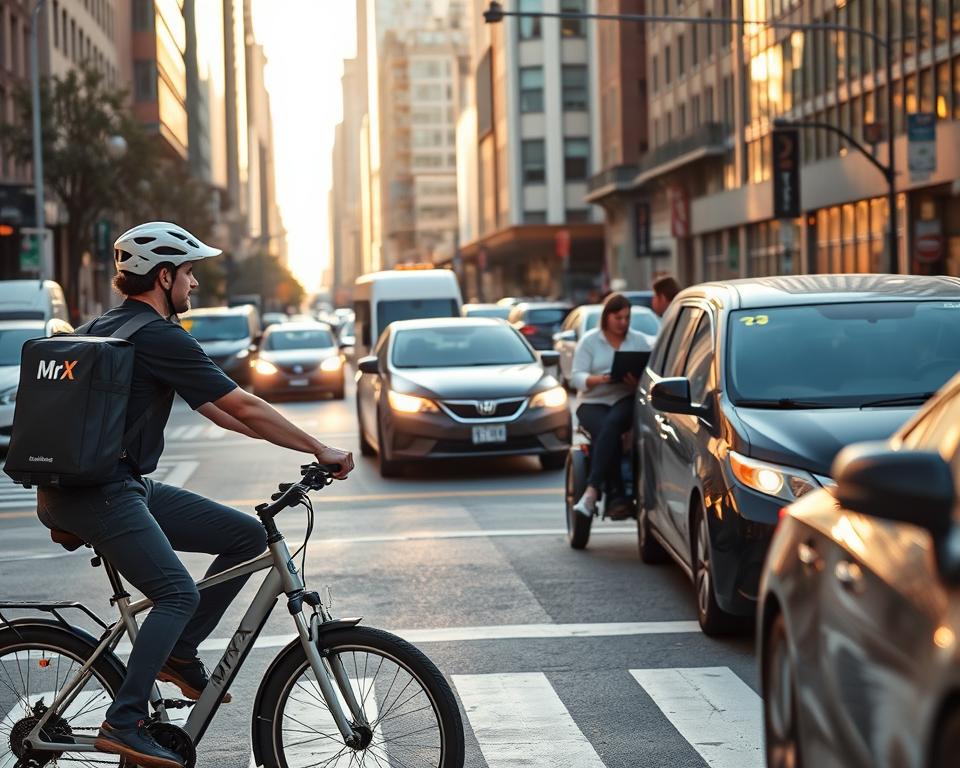 A bustling city intersection, bathed in warm golden light, with a diverse array of gig workers hustling about. In the foreground, a delivery person on a sleek electric bicycle navigates through the traffic, their MrX branded uniform catching the eye. In the middle ground, a rideshare driver carefully merges into the flow of vehicles, their smartphone mounted on the dashboard. In the background, a group of freelance creatives collaborate at a shared workspace, their laptop screens reflecting the urban landscape. The scene conveys the dynamic, on-demand nature of the gig economy, where flexibility and entrepreneurial spirit thrive.