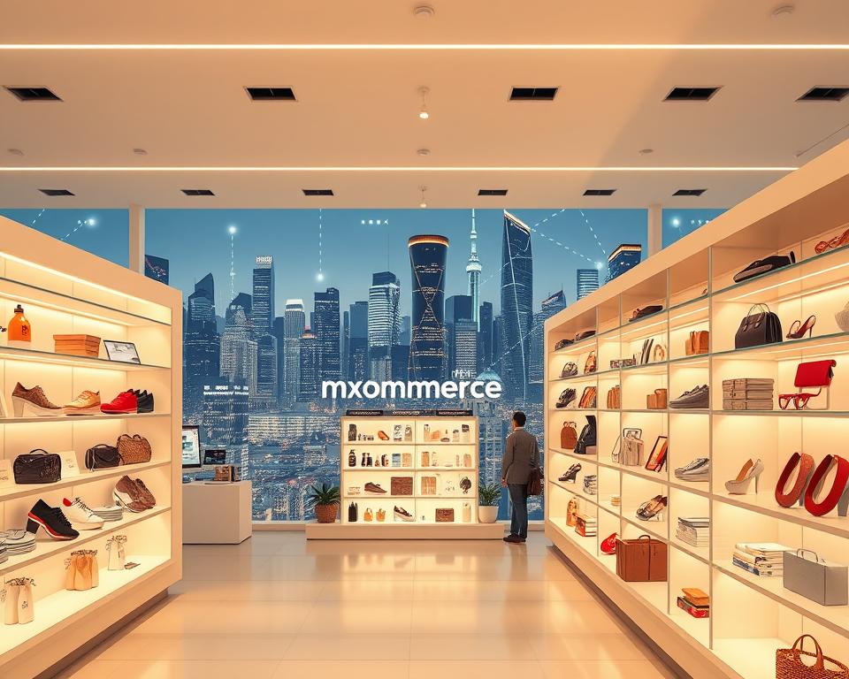 A bustling e-commerce landscape featuring the MrX platform, showcasing a variety of products displayed on sleek, minimalist virtual shelves. The scene is illuminated by warm, soft lighting, creating a welcoming and professional atmosphere. In the foreground, a user-friendly interface with intuitive navigation guides potential customers, while the middle ground reveals various product categories and trending items. The background depicts a modern, digital cityscape with skyscrapers and a vibrant, connected online ecosystem, symbolizing the vast reach and growth potential of the e-commerce industry.