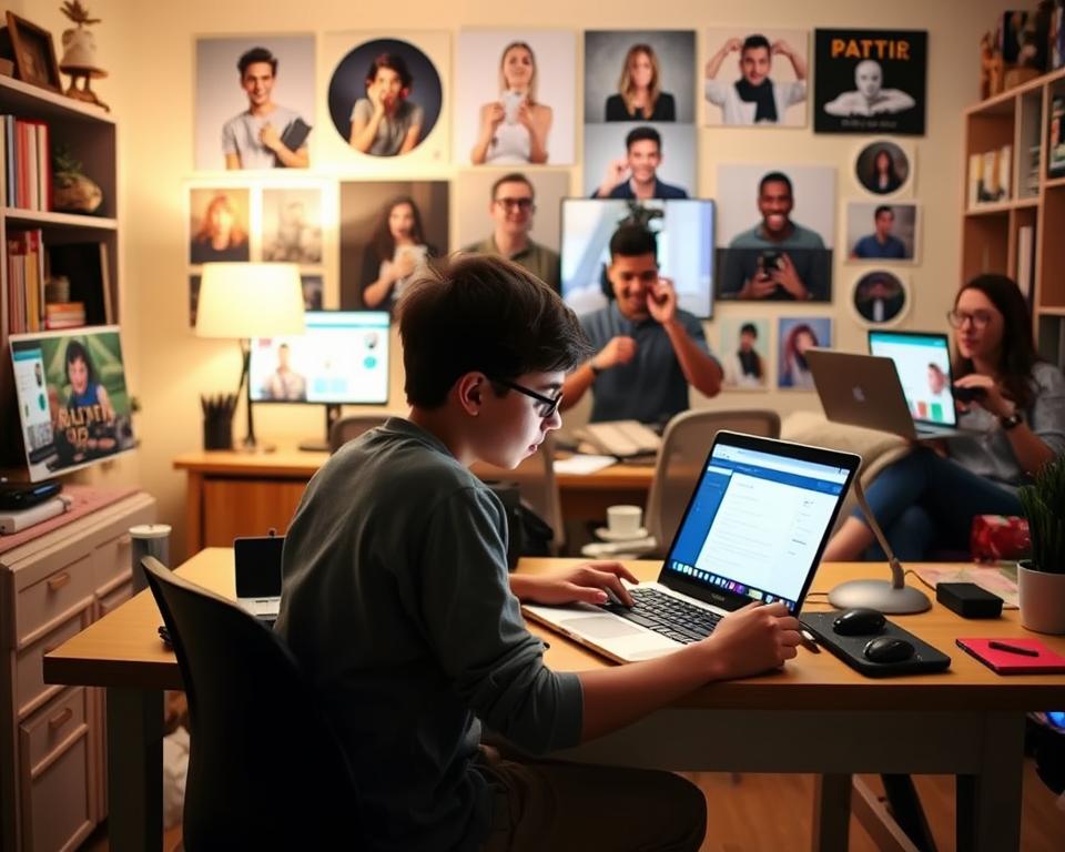 A bustling scene of online money-making activities for teens. In the foreground, a teenager sits at a desk, laptop open, intently focused on completing an online survey for the MrX focus group platform. Soft lighting illuminates the cozy home office setting, creating a warm, productive atmosphere. In the middle ground, another teen is meticulously recording a product review video, while a third is animatedly participating in a virtual conference call. The background showcases a variety of other online income-generating options, from selling handmade crafts to providing freelance services. The overall image conveys the diverse, tech-savvy ways teens can earn extra cash through legitimate online ventures.