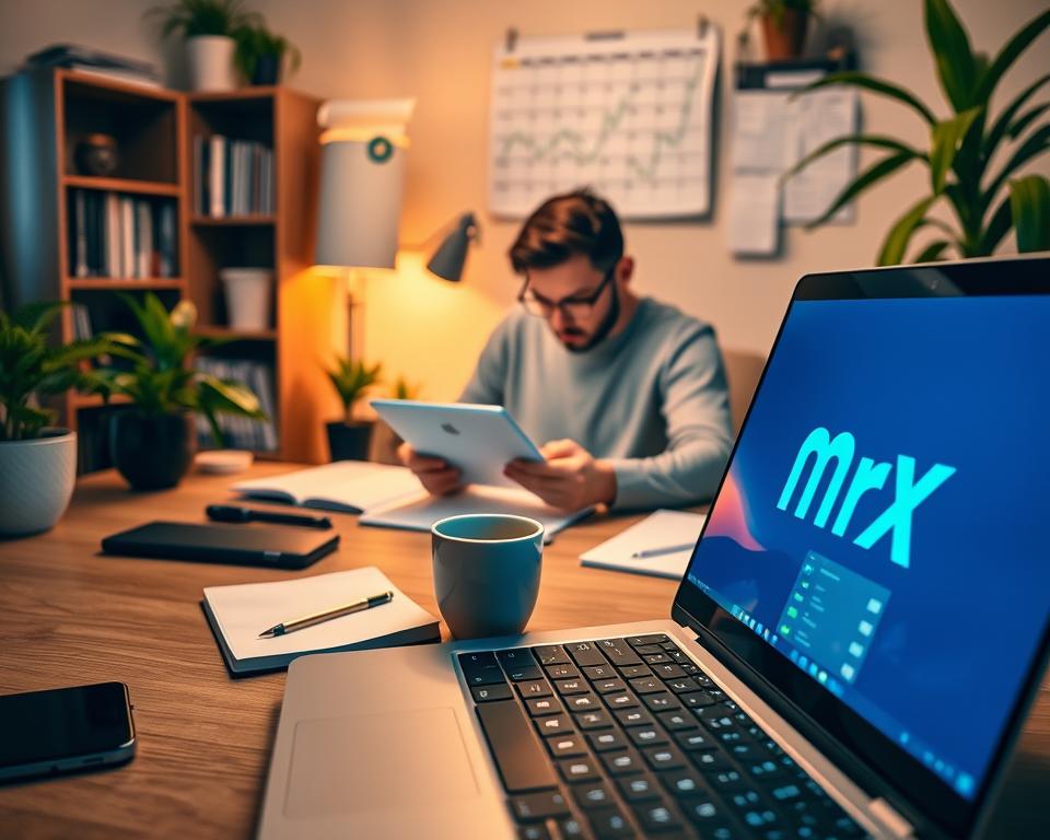 A cozy home office setting with various online side hustle activities in progress. In the foreground, a laptop displays the MrX brand logo, surrounded by a smartphone, a notebook, and a cup of coffee. In the middle ground, a person is intently working on a tablet, with digital charts and graphs visible on the screen. The background features bookshelves, plants, and a wall calendar highlighting important deadlines and reminders. The lighting is warm and inviting, creating a focused yet relaxed atmosphere for managing multiple side gigs from the comfort of a home workspace.