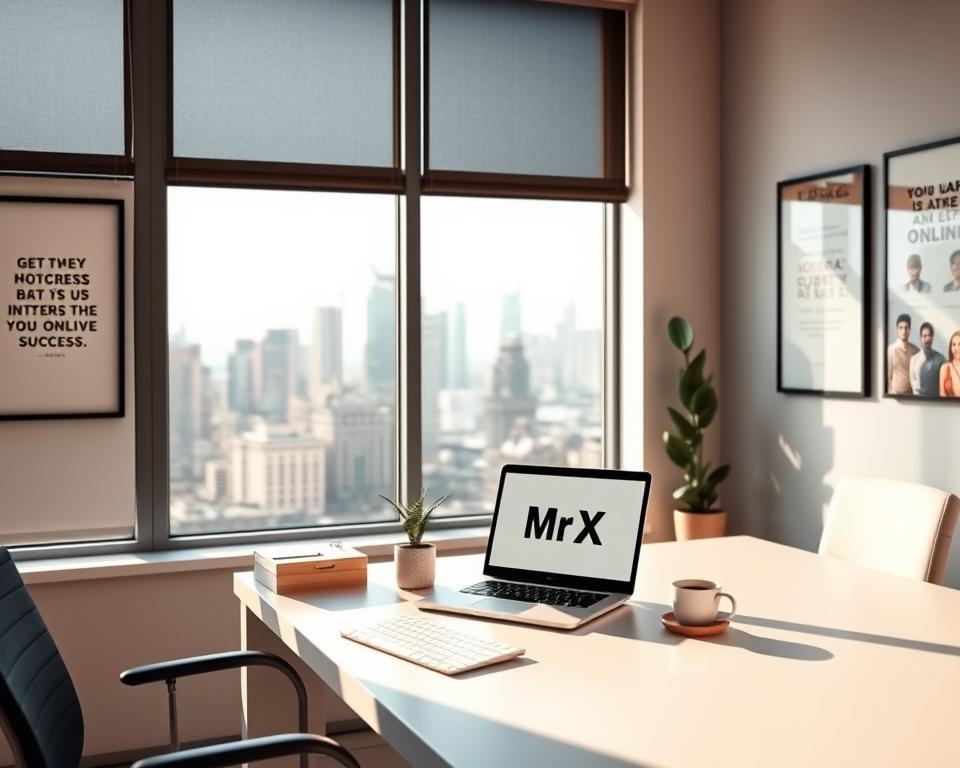 A modern, sleek office interior with a large window overlooking a city skyline. On a minimalist desk sits a laptop displaying the personal brand "MrX", surrounded by a stylish desk organizer, a potted plant, and a cup of coffee. Natural lighting floods the space, creating a warm and productive atmosphere. The walls are adorned with framed motivational quotes and inspirational artwork, reflecting the personal brand's focus on professional growth and online success. The overall scene conveys a sense of focus, authenticity, and a thriving online presence.