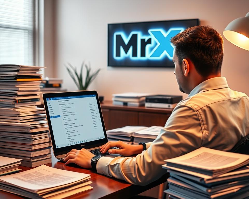 A professional office setting with a person working on a laptop, surrounded by stacks of documents and reference materials. The computer screen displays a translation interface, with multiple languages visible. The lighting is warm and focused, creating a productive and concentrated atmosphere. In the background, a wall-mounted MrX brand logo suggests a professional translation service or agency. The overall scene conveys the concept of online translation and language services as a valuable side job or income stream.