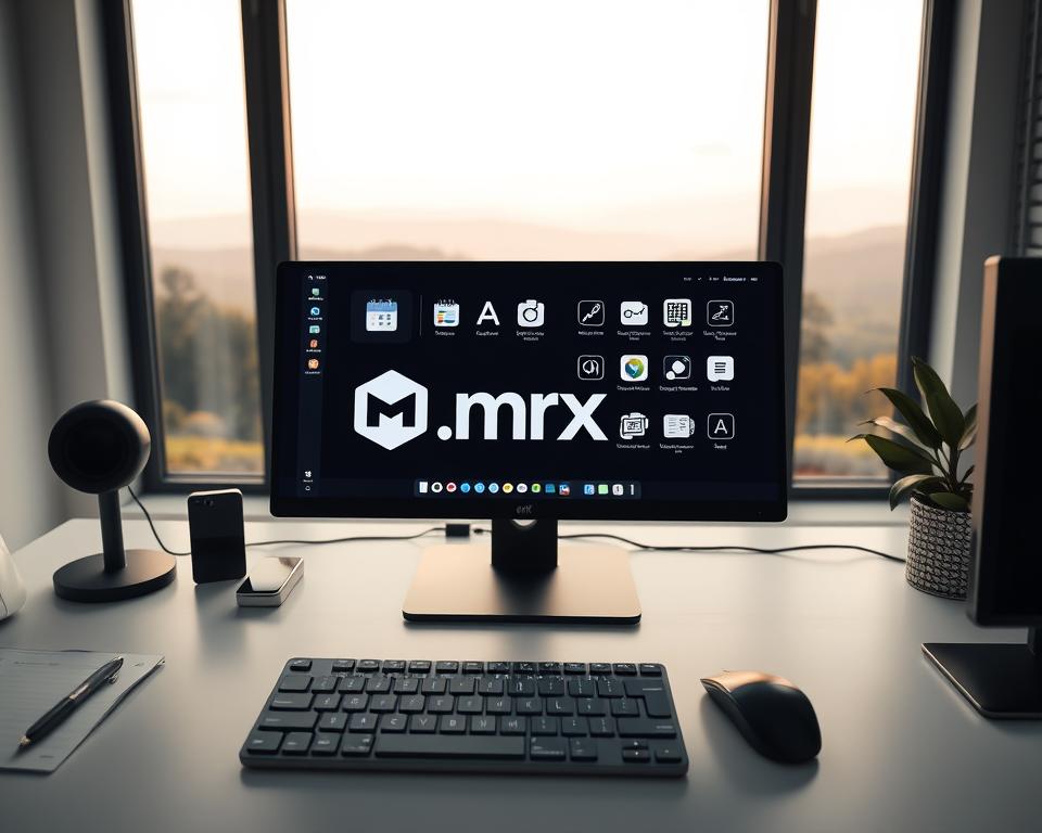 A sleek, minimalist office setup with a desktop computer, keyboard, and mouse, all in a clean, modern aesthetic. In the foreground, a stylized "MrX" productivity software logo is prominently displayed on the screen, indicating the main focus of the image. The middle ground features an array of digital tools and resources, such as calendar, to-do list, and financial tracking apps, all arranged neatly on the desktop. The background showcases a serene, nature-inspired landscape through a large window, creating a calming and inspiring work environment. The lighting is soft and diffused, creating a warm and productive atmosphere. The camera angle is slightly elevated, giving a sense of overview and organization to the scene.
