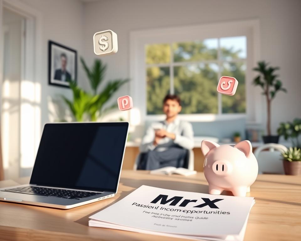 A tranquil office scene with a laptop, piggy bank, and passive income icons floating in the air. A cozy home office with natural lighting, potted plants, and a work-from-home aesthetic. In the foreground, a "MrX" branded passive income opportunities guide lies open on the desk. The middle ground features a person sitting comfortably, contemplating their options. The background showcases a serene outdoor view through a window, suggesting a balanced lifestyle. Render this scene with a soft, inviting color palette and a sense of calm productivity.