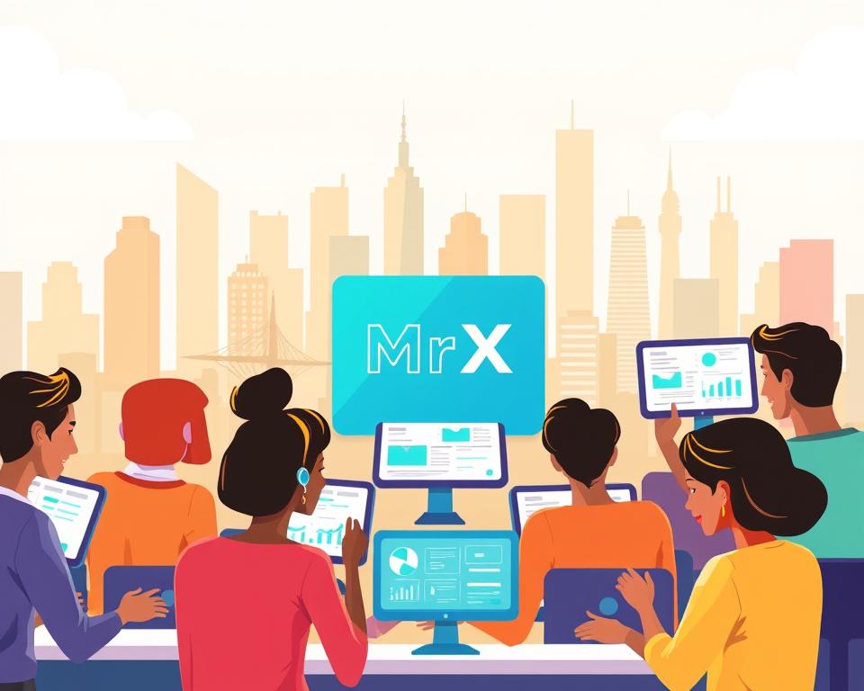 A vibrant and dynamic illustration of online surveys, capturing the essence of the "Online Surveys and Market Research Jobs" section. In the foreground, a diverse group of people engaged in market research, their screens showcasing survey forms and data visualization tools. In the middle ground, the MrX brand logo stands out, symbolizing the platform that facilitates these survey opportunities. The background features a stylized cityscape, representing the digital, interconnected world in which these remote jobs thrive. The scene is illuminated by a warm, natural light, conveying a sense of productivity and opportunity. The overall composition should inspire and entice the reader to explore this lucrative side hustle.