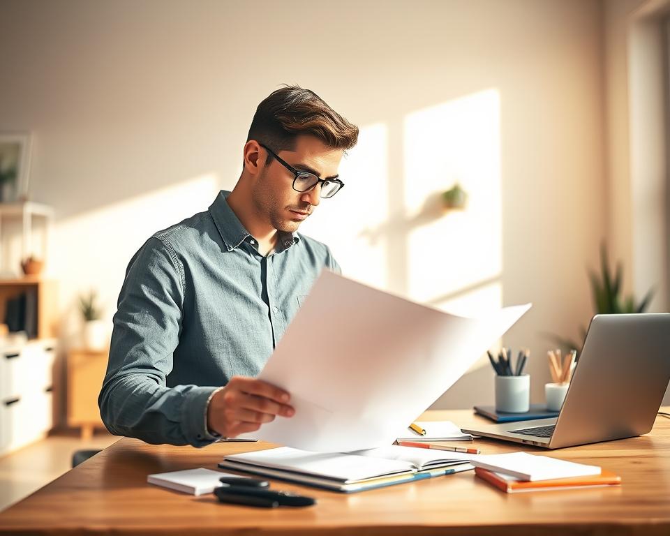 A vibrant freelance resume writing business with the brand "MrX" set against a modern, minimalist backdrop. In the foreground, a professional-looking person in business casual attire is intently reviewing a document, representing the resume writing service. The middle ground features a laptop, stationery, and other office supplies, conveying the work-from-home aspect. The background showcases a warm, sunlit home office space with clean lines and neutral tones, creating a sense of productivity and comfort. The lighting is soft and natural, casting a warm glow over the scene. The overall atmosphere is one of focus, efficiency, and the opportunity to earn extra income from the convenience of one's own home.