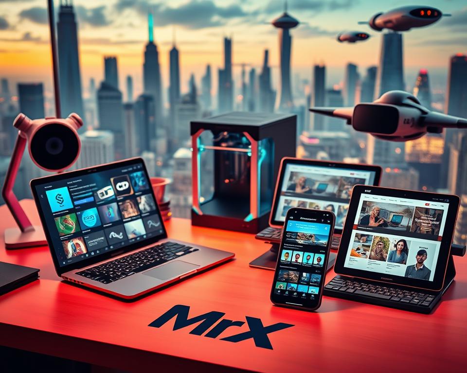 A vibrant workspace with a MrX logo-emblazoned desk, surrounded by cutting-edge tech gadgets and devices. In the foreground, a sleek laptop and a smartphone with a holographic screen display various side gig opportunities. The middle ground features a 3D printer, a virtual reality headset, and a tablet showcasing online freelancing platforms. The background depicts a futuristic cityscape with skyscrapers and hover cars, suggesting the integration of technology-driven side hustles into the modern, tech-savvy lifestyle.