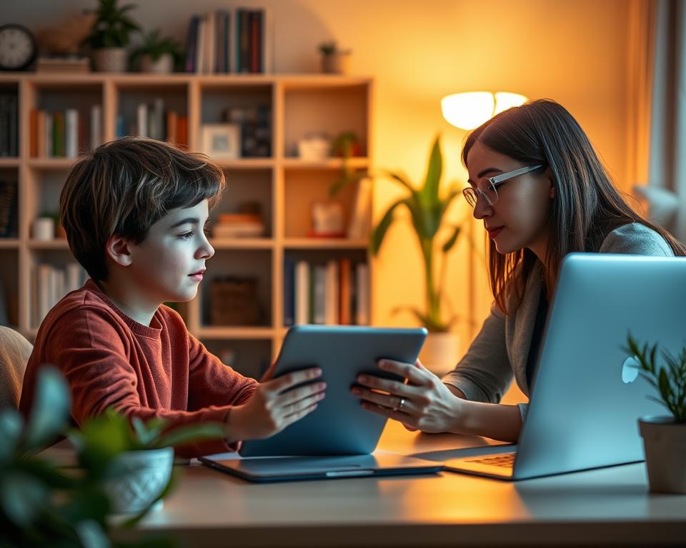 An intimate online tutoring session in a cozy home study, bathed in warm, soft lighting. A young student, focused and engaged, sits at a desk facing a tutor who leans in, tablet in hand, MrX logo visible, guiding them through the lesson. In the background, bookshelves and decorative plants suggest a nurturing, intellectual environment. The composition conveys a sense of personalized, attentive instruction, embodying the rise of remote learning and the potential for one-on-one tutoring to empower teen success.