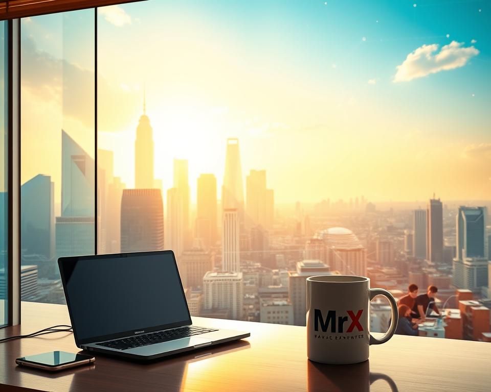 Freelancing Platforms: A Vibrant Marketplace of Opportunity A futuristic cityscape, the skyline dominated by gleaming glass towers representing the hub of digital freelancing. In the foreground, a desk with a modern laptop, smartphone, and coffee mug emblazoned with the MrX brand logo, symbolizing the entrepreneur's workspace. Rays of warm light pour in through large windows, casting a productive, ambitious glow. In the middle ground, a diverse cast of freelancers collaborate on their laptops, networked through virtual interfaces. The background depicts a bustling, interconnected world, with data streams and digital infrastructure weaving it all together, reflecting the borderless nature of the gig economy.