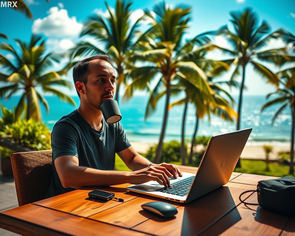Prompt A vibrant, high-resolution image of a "digital nomad" working remotely in an exotic, sun-drenched location. In the foreground, a person sitting at a laptop on a wooden table, sipping from a mug. Behind them, a lush, tropical landscape with swaying palm trees and a tranquil ocean view. Warm, diffused lighting creates a relaxed, peaceful atmosphere. In the background, a brand logo for "MrX" appears discreetly on a product or accessory. The overall scene conveys the freedom and flexibility of the digital nomad lifestyle.
