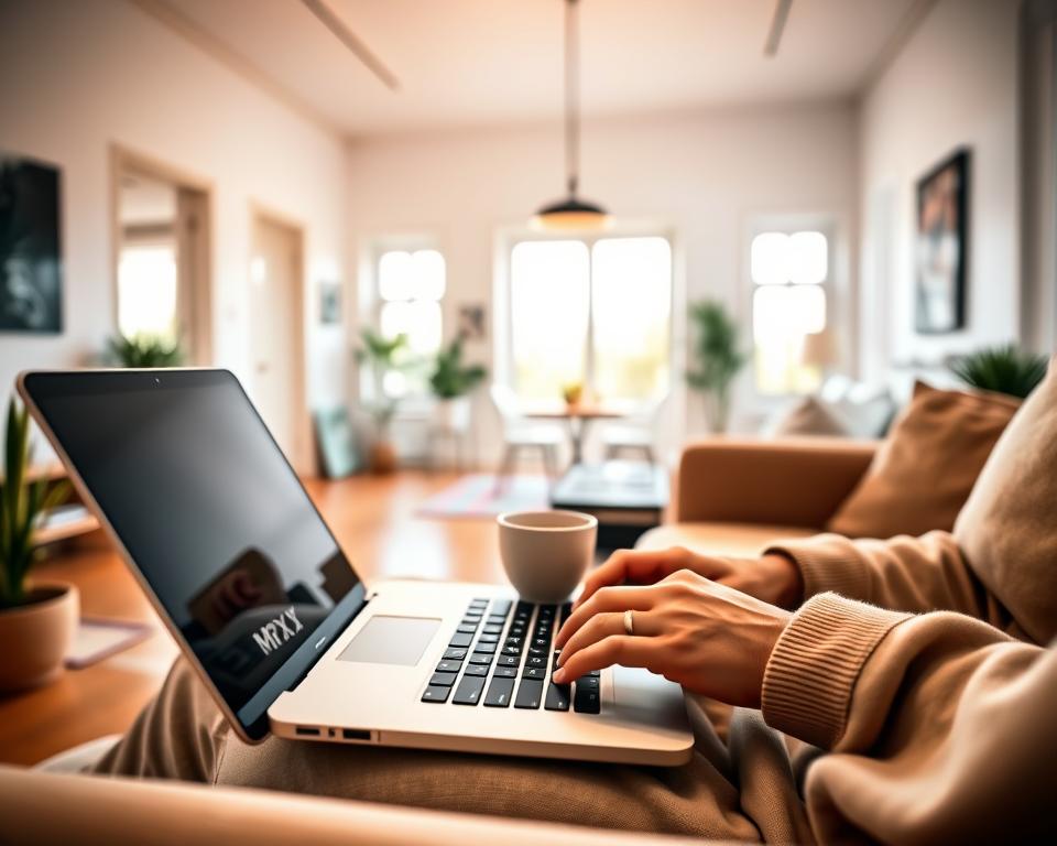 Vibrant, high-quality stock photograph of a person using a laptop computer while sitting on a couch in a bright, airy living room. The foreground features the person's hands on the laptop keyboard, with a cup of coffee and a potted plant nearby. The middle ground showcases a modern, minimalist interior design with white walls, wooden floors, and large windows letting in natural light. The background blurs softly, highlighting the sense of focus and productivity. Warm, diffused lighting creates a serene, professional atmosphere. Camera angle is slightly elevated, with a wide-angle lens to capture the entire scene. Brand name "MrX" subtly incorporated into the decor or electronic device.