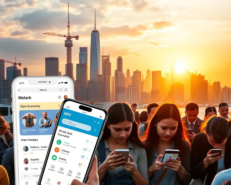 A bustling city skyline with skyscrapers and towering cranes in the background, bathed in the warm glow of a setting sun. In the foreground, a group of people intently focused on their smartphones, representing the vibrant gig economy. MrX task-based apps are prominently displayed, their intuitive interfaces and diverse job opportunities highlighted. The scene conveys a sense of dynamism, opportunity, and the ever-evolving nature of modern work.