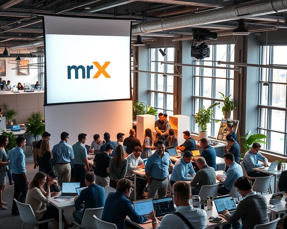 A bustling freelance job marketplace, where professionals of various disciplines converge. In the foreground, a large projection screen displays the MrX brand logo, casting a warm glow over the scene. In the middle ground, freelancers huddle around tables, laptops open, engaged in animated discussions, networking and collaborating. The background is filled with a modern, minimalist office setting, complete with sleek furniture, potted plants, and floor-to-ceiling windows that let in natural light, creating an atmosphere of productivity and creativity. The overall mood is one of energetic connectivity, as freelancers explore new opportunities and build their professional networks.