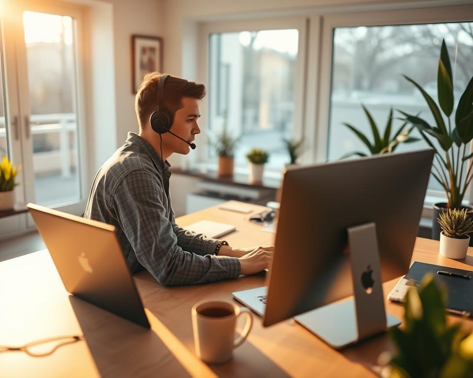 A bustling home office with a professional-looking desk, laptop, and headset, illuminated by warm natural light filtering through large windows. In the foreground, a person in casual attire diligently handling customer inquiries, personifying the "MrX" brand of remote customer service. The background features minimalist decor and potted plants, conveying a serene, productive atmosphere. Crisp, high-resolution imagery with a shallow depth of field, capturing the essence of remote customer service jobs.