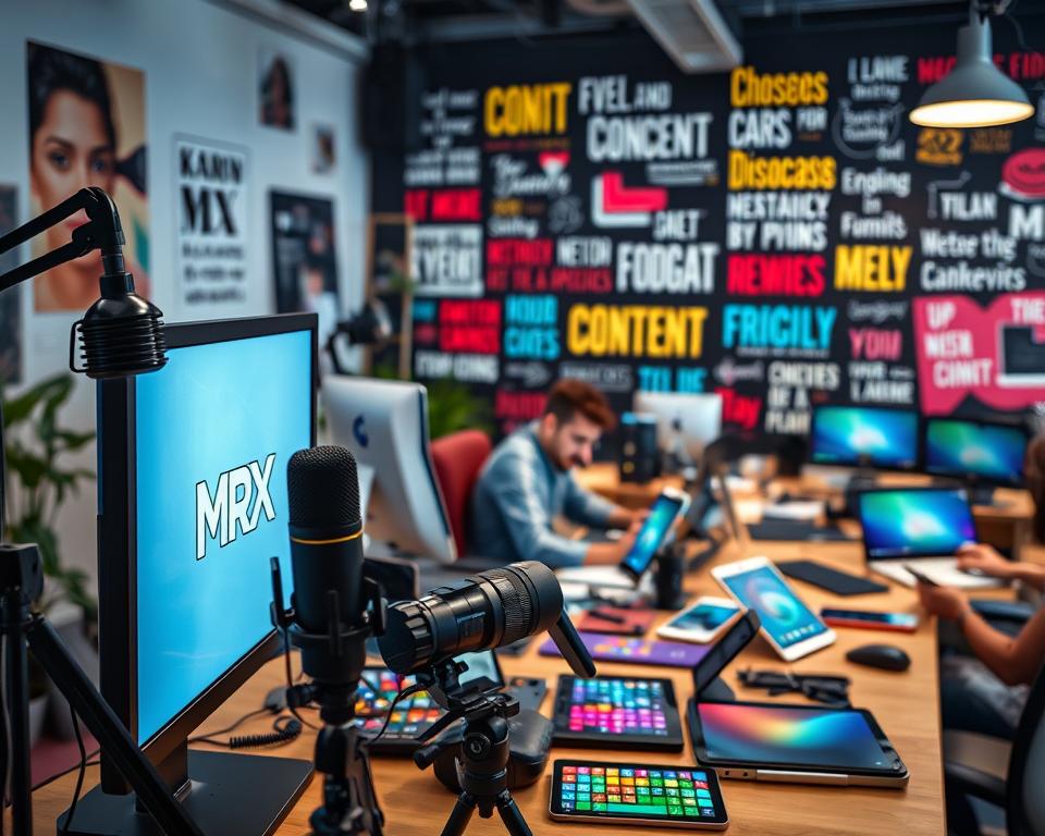 A bustling office scene showcasing various content creation platforms, captured in a dynamic, well-lit environment. In the foreground, a desktop computer displays the MrX brand logo, surrounded by a professional microphone, a high-quality camera, and an array of colorful graphics tablets. In the middle ground, a content creator sits at their desk, engrossed in their work, with an array of smartphones, tablets, and laptops within reach. The background features a vibrant wall adorned with inspirational quotes and visual cues, evoking a modern, creative workspace. The overall mood is one of productivity, innovation, and the endless possibilities of digital content creation.