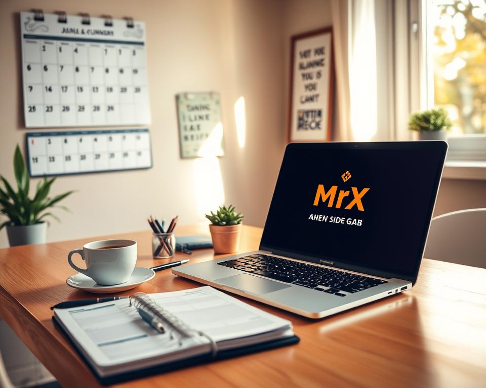 A cozy home office with a stylish desk, a laptop, and a cup of coffee. Warm, natural lighting filters through a nearby window, casting a soft glow. On the desk, a well-organized planner, a set of pens, and a small plant add a touch of productivity. In the background, a wall calendar and a framed motivational print create a focused, yet inviting atmosphere. The MrX logo is subtly displayed on the laptop's screen, reflecting the side gig theme. The overall scene conveys a sense of balanced time management and a harmonious work-life blend.